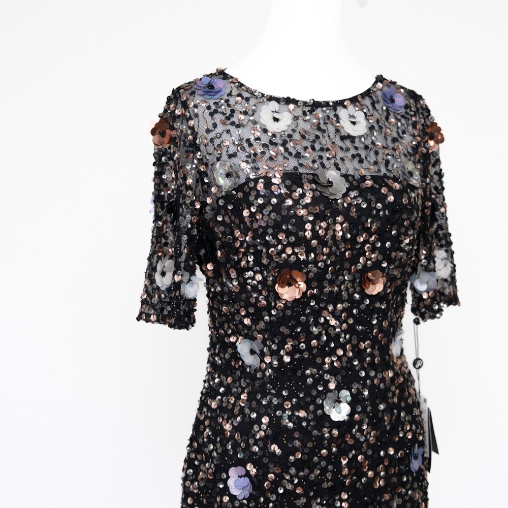 Adrianna Papell | Hand Beaded 3d Floral Illusion Short Sheath Cocktail Dress - Picture 8 of 10